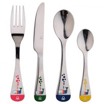 Juego de Cubiertos Infantil de Acero Inoxidable de 4 Piezas con Decoraciones Coloridas - United Colors Of Benetton