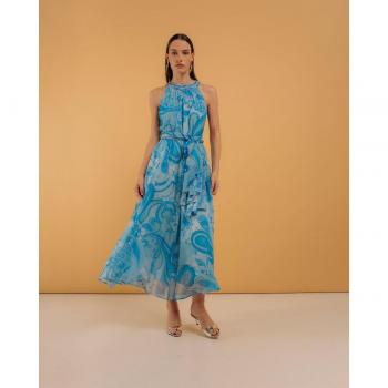 Vestido Largo Halter Azul Cuello Redondo con Lentejuelas Matte
