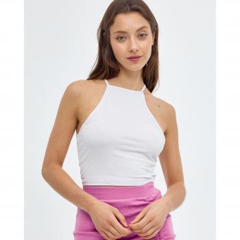 Camiseta crop top sin mangas y cuello halter con estampado liso INSIDE