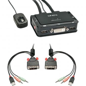 LINDY Compact 2 Port KVM Switch - DVI, USB 2.0 & Audio, Black