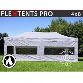 Carpa Plegable Rápida FleXtents Pro 4x8m Blanca, Ignífuga y A Prueba de Agua, con 6 Laterales