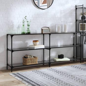 Mesa consola con superficie de vidrio negro y acero, dimensiones 194,5x30x81cm, color negro