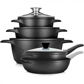Batería de Cocina Inducción 10 Piezas Aluminio Fundido 3 Ollas 2 Sartenes Antiadherente Tapas Cristal Briebe MGK1819 Negra