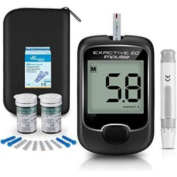 Medidor de glucosa en sangre, kit de prueba de glucosa en sangre con codefree tiras de prueba de glucosa en sangre x 50 y dispositivo de punción por Exactive EQ Impulse - mg/dL