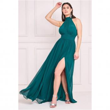 Goddiva Halterneck Chiffon Maxi Dress with Thigh Split - Emerald