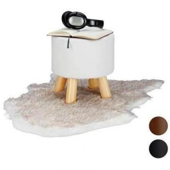 Taburete Bajo de Cuero Sintético Blanco, Relleno, 4 Patas de Madera, Diámetro 31 cm, Altura 30 cm - Relaxdays