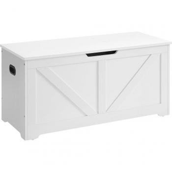 Banco de almacenaje vintage con tapa con bisagras de seguridad, estilo granero, zapatero para pasillo, dormitorio y salón, en colores blanco mate, marrón rústico y greige, dimensiones 40x100x46 cm