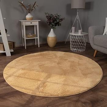 Alfombra Redonda Lavable de Pelo Largo Suave en Color Amarillo Ø 160 cm