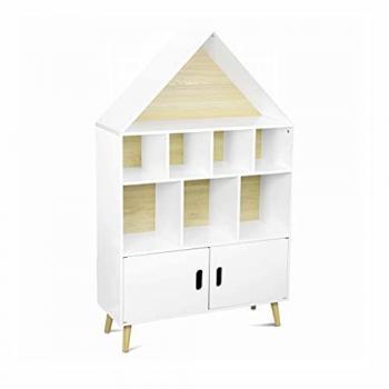 Estantería biblioteca casa para niños Tobias - Madera Maciza en Pino Natural Blanco - 3 Niveles, 8 Compartimentos, 2 Puertas, Dimensiones: 80.5x30x133 cm