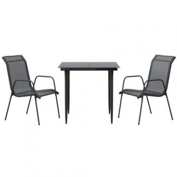 vidaXL 3 Piece Garden Dining Set Black Steel and Textilene - Features: Includes a dining table and two chairs, made of durable black steel frame, covered with weather-resistant textilene fabric, suitable for outdoor use, modern design, easy