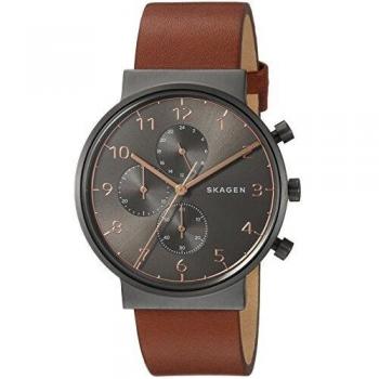 Skagen Mens Ancher Chronograph Black dial Brown Leather Strap SKW6418