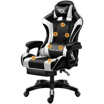 Silla Gaming PowerGaming con Masaje de 7 Puntos en Blanco y Negro con Reposapiés