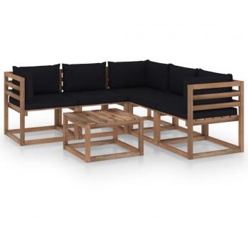 Set de muebles de jardín 6 piezas de madera de pino impregnada con cojines negros