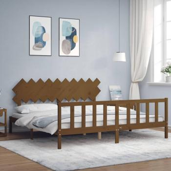 Cabecero de lana redonda con ámbar y estructura cama de madera maciza marrón miel 200x200 cm