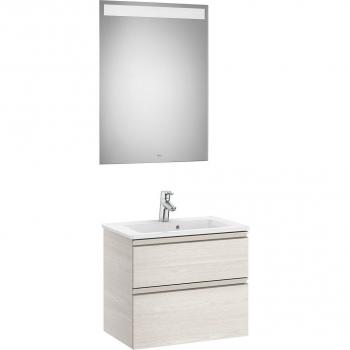 Conjunto de baño compacto Roca The Gap: mueble de 600 mm con 2 cajones, lavabo y espejo con luz LED en color Fresno nórdico