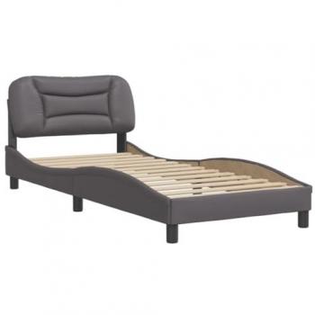 Estructura de cama con cabecero tapizado en cuero sintético gris, dimensiones 90x200 cm, incluye somier para colchón