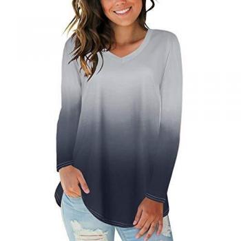 CNFIO Camiseta Mujer Manga Larga Cuello Redondo Blusas para Mujer Suelta Gradiente Efecto TeñidoTops Mujer Fiesta
