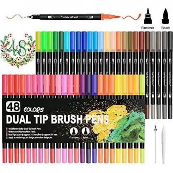 Rotuladores Lettering, Olkoy 48 Rotuladores Punta Pincel de Doble,Contiene 6 Accesorios e Instrucciones, Rotuladores Punta Fina para Bullet Journal, Caligrafía y Dibujos