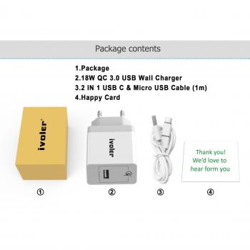 iVoler Quick Charge 3.0 Type C Cargador de Red 18W con 2 en 1 Cable Cargador Micro USB y Tipo C, Cargador Pared para Móvil, Tableta, Baterías Externas, Cargador Portátil, etc. - Blanco