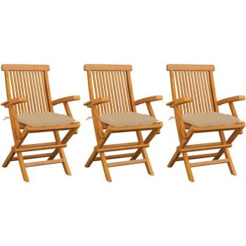 Sillas de jardín 3 piezas de madera maciza de teca con cojines beige