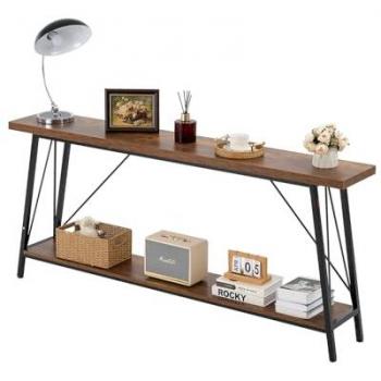 Narrow Console Sofa Table with Metal Frame, 2-Tier Entryway Table (180 x 30 x 80 cm) in Brown and Black