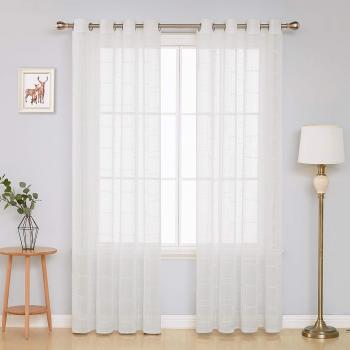 Deconovo Visillos para Niño Efecto Lino con Ojales Cortina Bordado Patrón Geométricos para Habitaciones 2 Piezas 140 x 240 cm Beige
