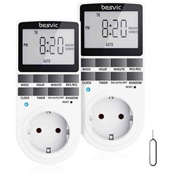 Temporizador Enchufe, Besvic 3680W Programador Enchufe Digital con Pantalla LCD Grande, 10 Programas Diarios y Modo Antirrobo, Enchufe Programable Ahorro Tiempo y Energía