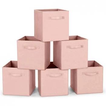 Amazon Brand – Umi Juego de 6 contenedores plegables, cajas de armario con 2 asas, cubos de cajones no tejidos, organizador de canastas de juguetes para el hogar, la oficina, la guardería, rosa