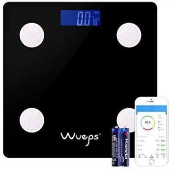 Wueps ® Báscula de baño, peso baño, balanza peso corporal, Max Capacidad 150Kg, Plataforma de vidrio templado 6mm, apagado automático, baterías incluidas, APP compatible con iOS y Android Color Negro