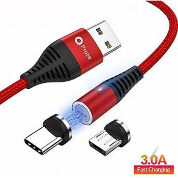 Proze USB Cable Magnético de Carga Rápida 2 en 1 USB-C y Micro, Cable de Datos Rojo