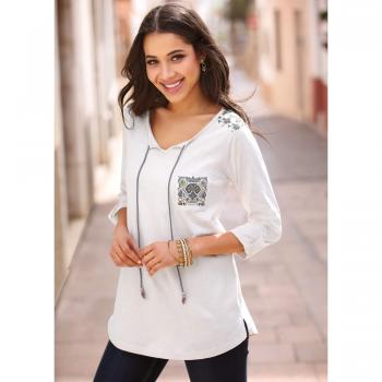 Camiseta Escote v con cordón de Antelina y Bolas de Colores Mujer by V - 019183,Arena,3XL