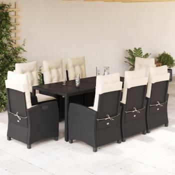 9-Piece Black Poly Rattan Garden Dining Set with Cushions