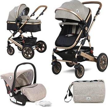 Lorelli - Carrito de bebe 3 en 1 convertible LORA Beige y negro con chasis dorado . Incluye silla de
