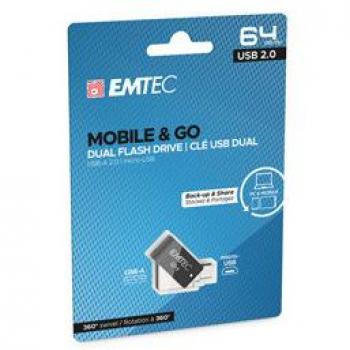 Emtec T260B Pendrive Doble USB 2.0 - 64 GB - USB Tipo-A y Micro-USB - Negro y Acero Inoxidable