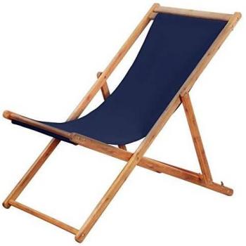Blue Folding Beach Chair with Wooden Frame and Fabric