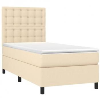 Cama Box Spring con Colchón de Tela Color Crema 80x200 cm, Viscoelástico, Espuma, Protector, Muelles Ensacados, Adaptable, Acolchado Reversible