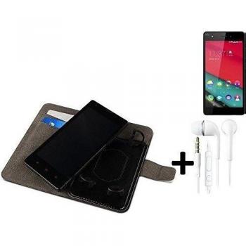 TOP SET: Funda para el Wiko Pulp Fab 4G + auriculares, Walletcase hecho de cuero sintético en negro, monocromático y simple. Bolsillo para el teléfono móvil con ranuras para tarjetas de crédito y la función del soporte. BookStyle bisagras de la mang