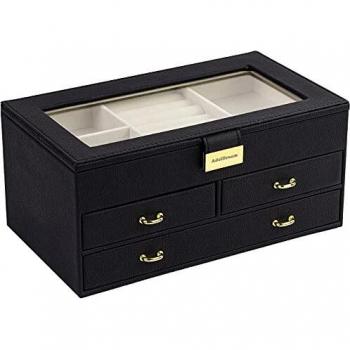 ADEL DREAM Joyero con 2 cajones, organizador de joyas con llave con espejo, estuche de viaje extraíble, para anillos, pulseras, pendientes, forro de terciopelo, color negro J11-4