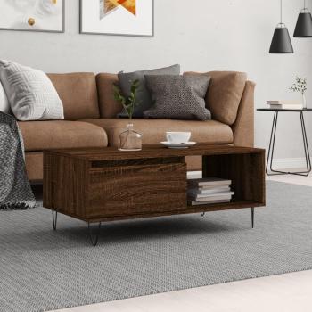 Mesa de centro madera contrachapada 90x50x36,5 cm Blanco brillante Roble Sonoma Marrón