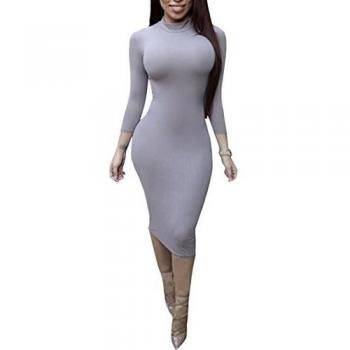 ALAIX vendaje de las mujeres de cuello alto manga larga Slim Bodycon Midi Sexy fiesta vestido de noche gris gris X-Large