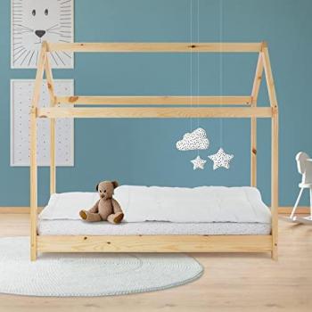 Cama Infantil Casa de Madera de Pino Natural 70x140 cm con Techo y Somier