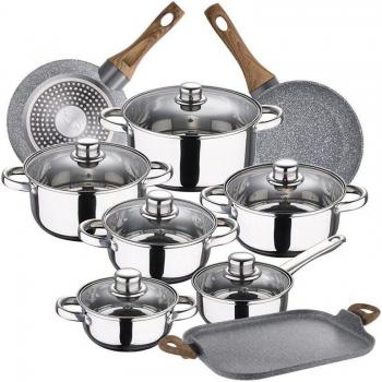 Batería de Cocina San Ignacio 12 Piezas en Acero Inoxidable con Sartenes y Parrilla