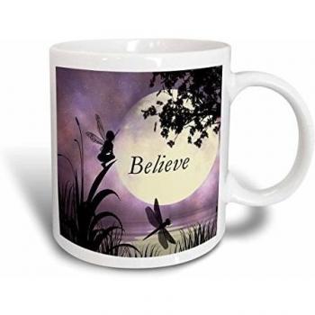 Mensuk Believe, Fairy with Dragonflies with Moon and Purple Sky Two Tone Black Mug, 11 oz, Black/White
