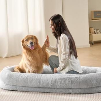 Human Dog Bed with Washable Faux Rabbit Fur Cover and Egg Orthopedic Foam, 67.7x35x9.8, Storage Pocket
