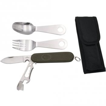 THIRD Navaja y Cubiertos F0164 en Acero Inoxidable con Hoja de Acero INOX de cm, Mango de ABS Verde Militar. con Funda de Nylon