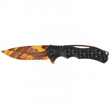 Navaja deportiva iFIELD Basic EL29033 con mango ABS negro, hoja de 10 cm naranja con impresión 3D y sierra, clip para cinturón - Ideal para camping, pesca y caza