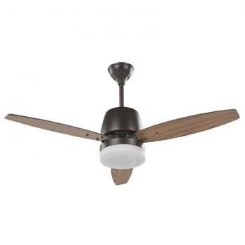 Ventilador de techo moderno con luz, 3 aspas en metal negro y madera oscura, control remoto