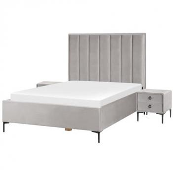 Conjunto de dormitorio Sezanne en terciopelo gris con cama doble 140 x 200 cm y 2 mesitas de noche tapizadas con almacenaje