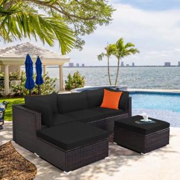 5-Piece Outdoor Rattan Sectional Sofa Set with Ottoman Table