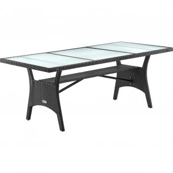 Mesa de Jardín Polyrattan Takeo Negra 190x90x74cm con Tablero de Vidrio de Seguridad, Estante Ajustable en Altura, Resistente a la Intemperie